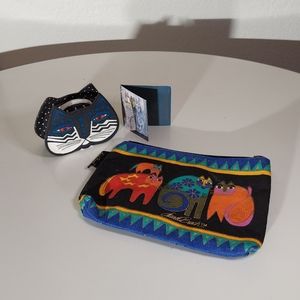 x2 Laurel Burch Multicolor Cat Themed Cosmetic Bag and Coin Pouch Lot